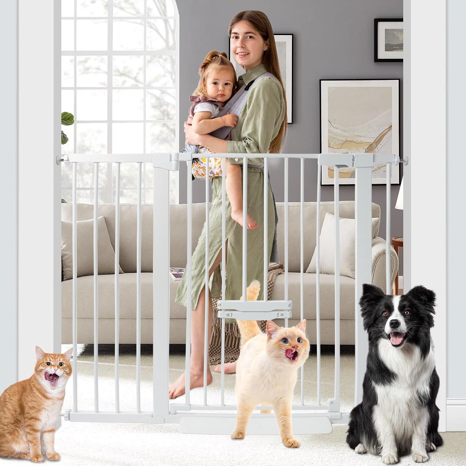 Guaipaipet Baby Gate with Cat Door, 29.55-46.06" Adjustable Auto-Close Pressure Mounted Pet Gate, 37" H