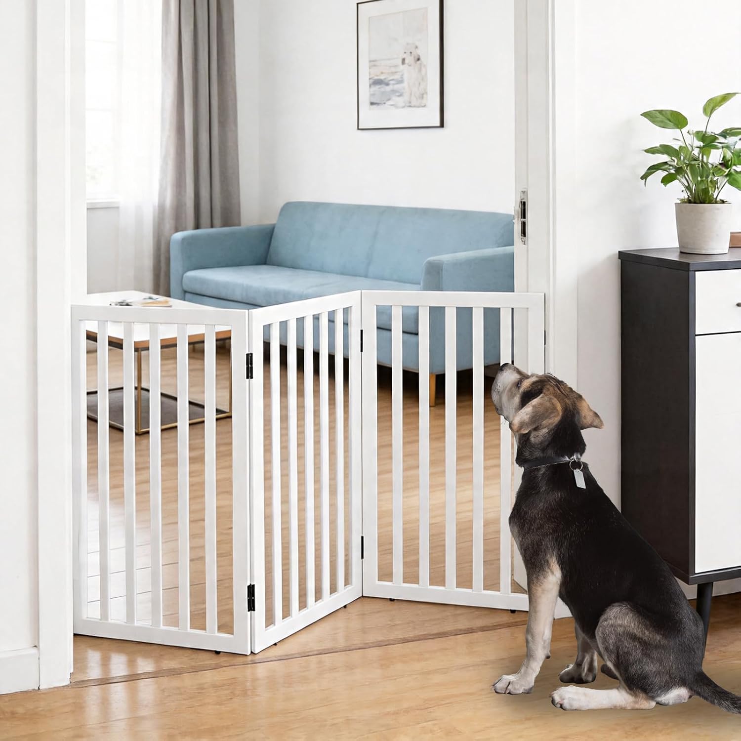 Guaipaipet Foldable Freestanding Pet Gate, 3-Panel 24" Height Indoor Dog Fence for Hallways & Stairs (White)