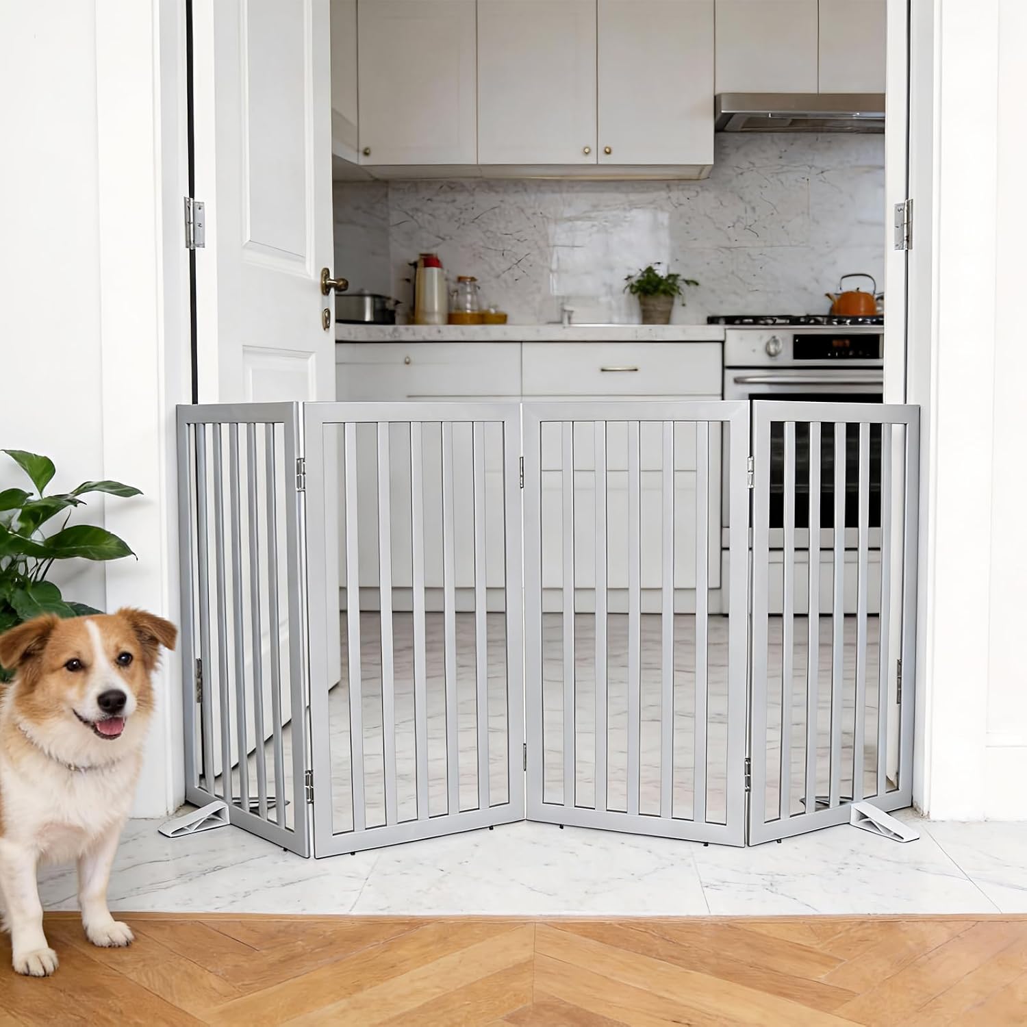 Guaipaipet Foldable Freestanding Pet Gate, 3-Panel 24" Height Indoor Dog Fence for Hallways & Stairs (White)