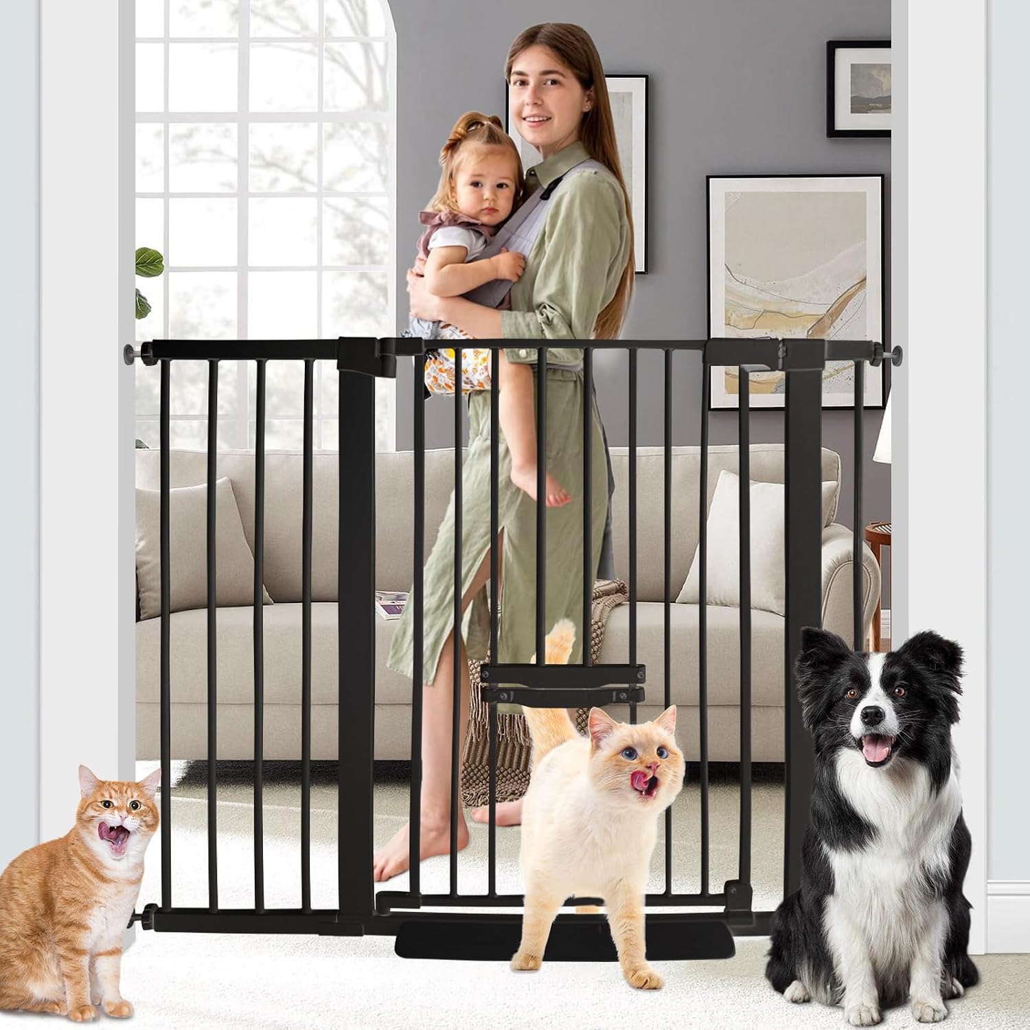 Guaipaipet Baby Gate with Cat Door, 29.55-46.06" Adjustable Auto-Close Pressure Mounted Pet Gate, 37" H