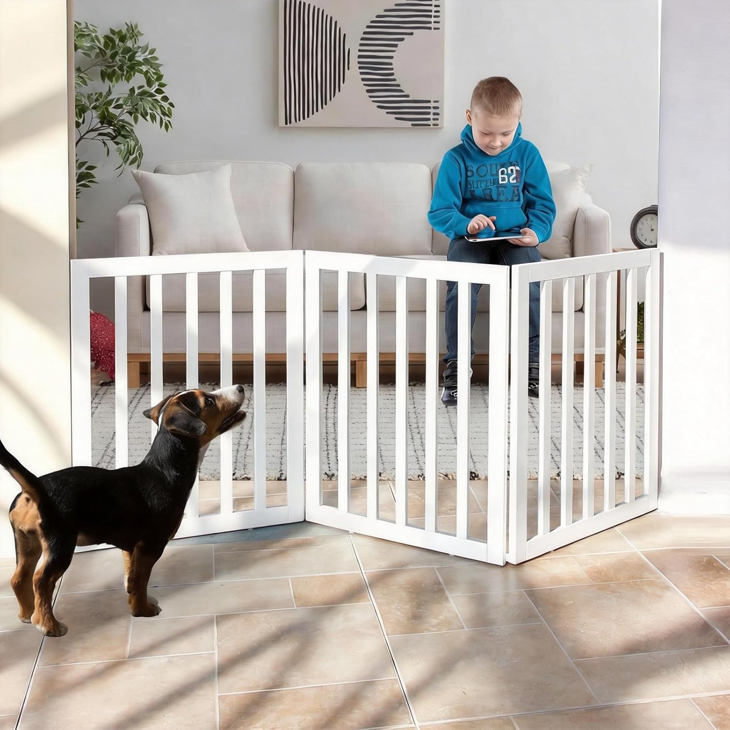 Guaipaipet Foldable Freestanding Pet Gate, 3-Panel 24" Height Indoor Dog Fence for Hallways & Stairs (White)