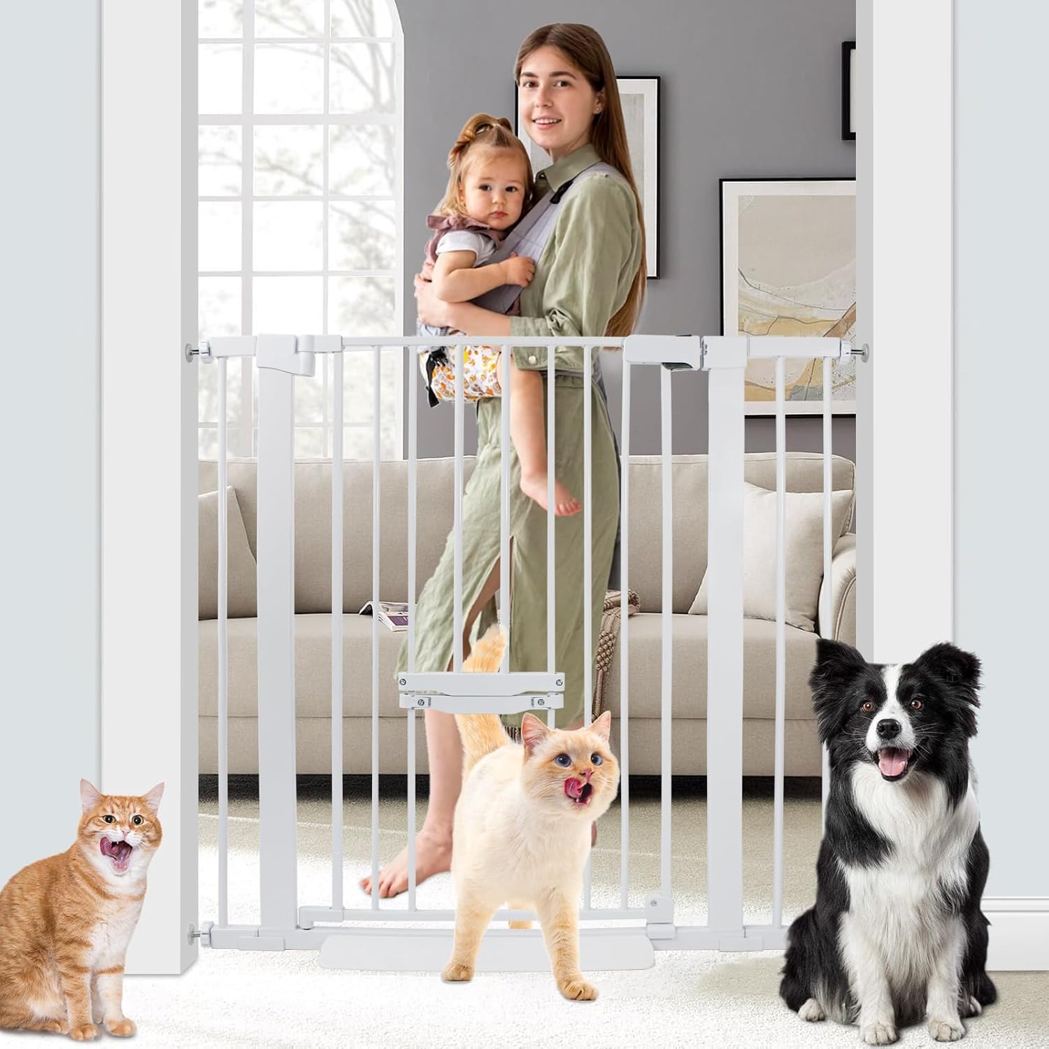 Guaipaipet Baby Gate with Cat Door, 29.55-46.06" Adjustable Auto-Close Pressure Mounted Pet Gate, 37" H