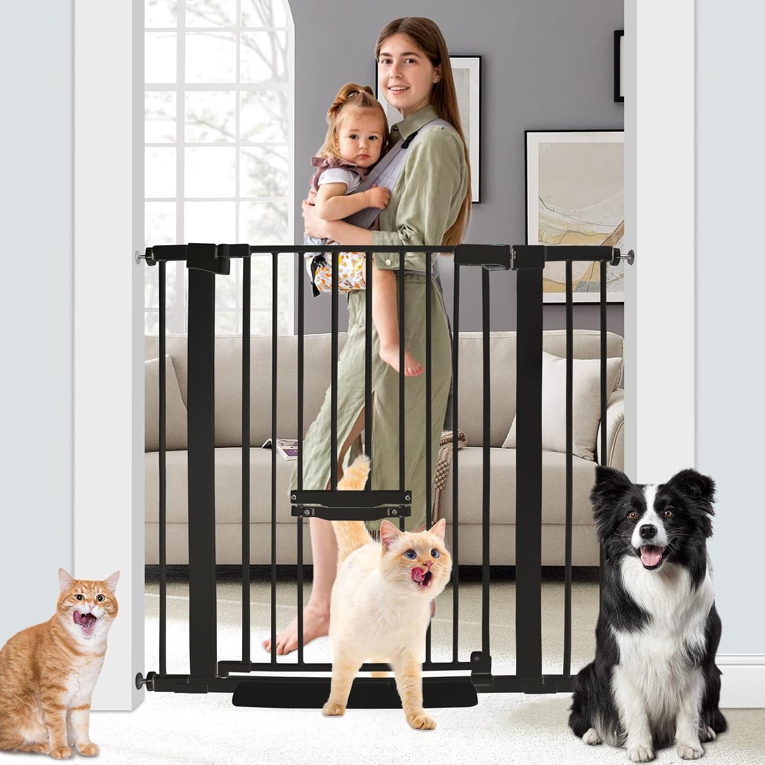 Guaipaipet Baby Gate with Cat Door, 29.55-46.06" Adjustable Auto-Close Pressure Mounted Pet Gate, 37" H