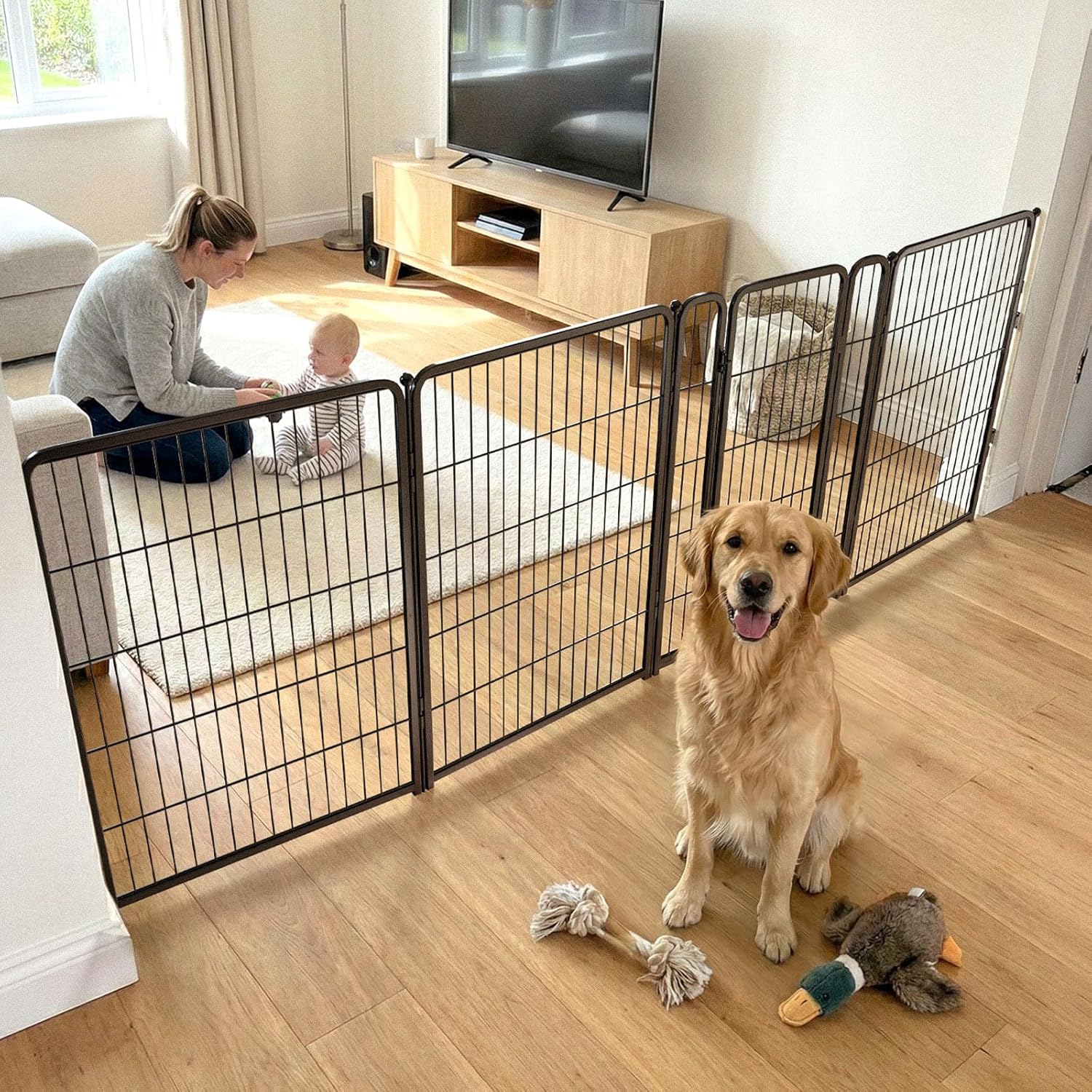 Guaipaipet Extra-Wide Adjustable Pet Gate, Up to 83" Wide 3-Wire Panels 32" H for Small & Medium Dogs (Black)