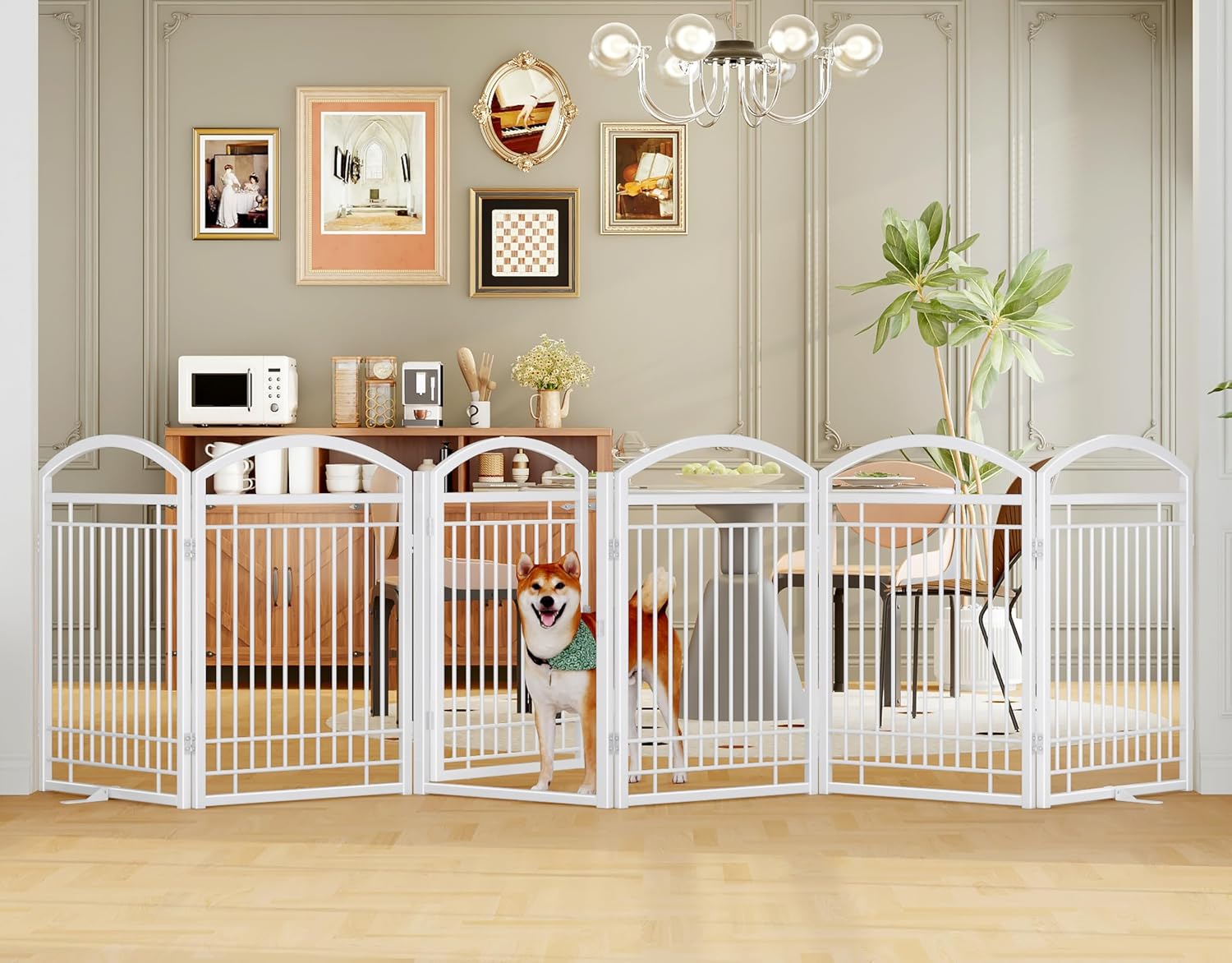 Guaipaipet No-Assembly Folding Metal Pet Gate, 6-Panel 144" Extra Wide Accordion Fence with Walk-Through Door, 32" H (Black)