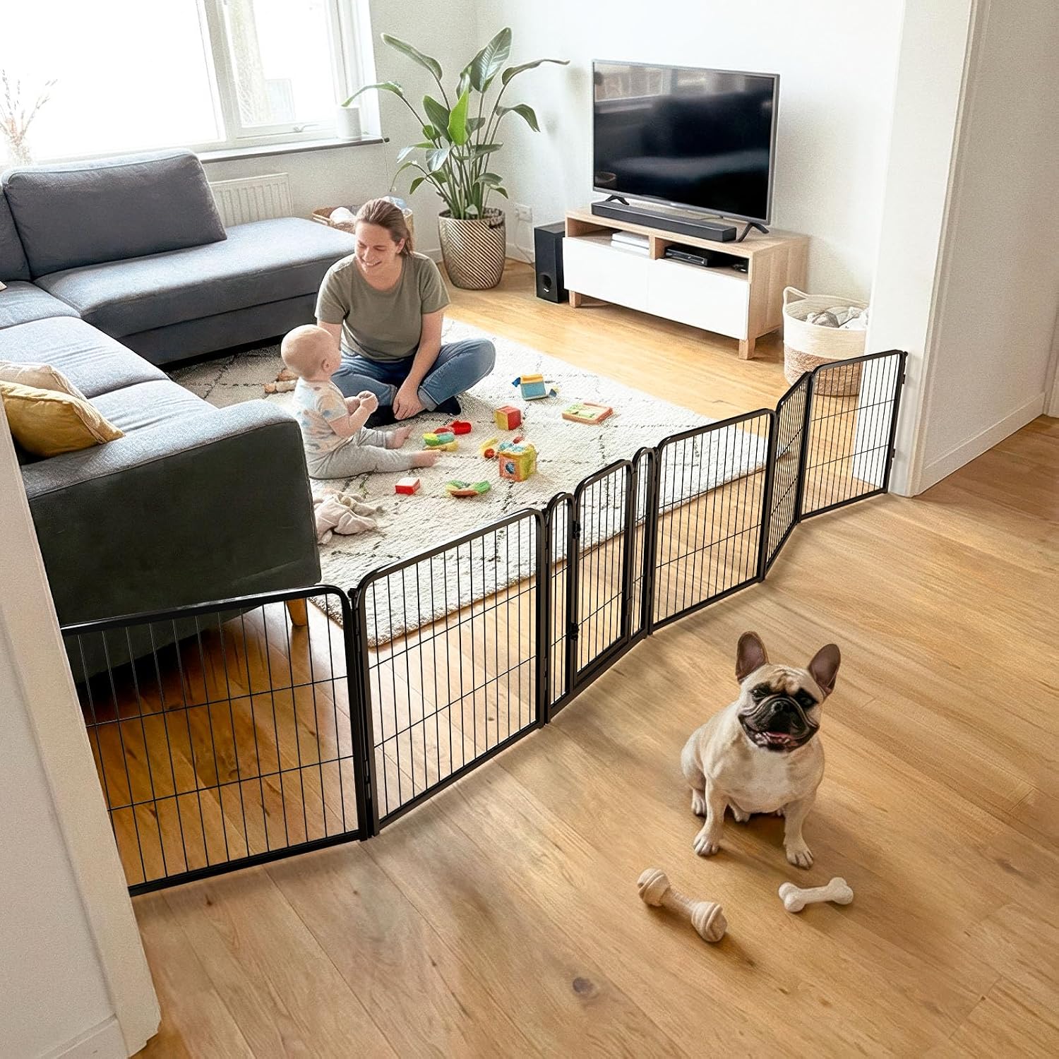 Guaipaipet Extra-Wide Adjustable Pet Gate, Up to 83" Wide 3-Wire Panels 32" H for Small & Medium Dogs (Black)