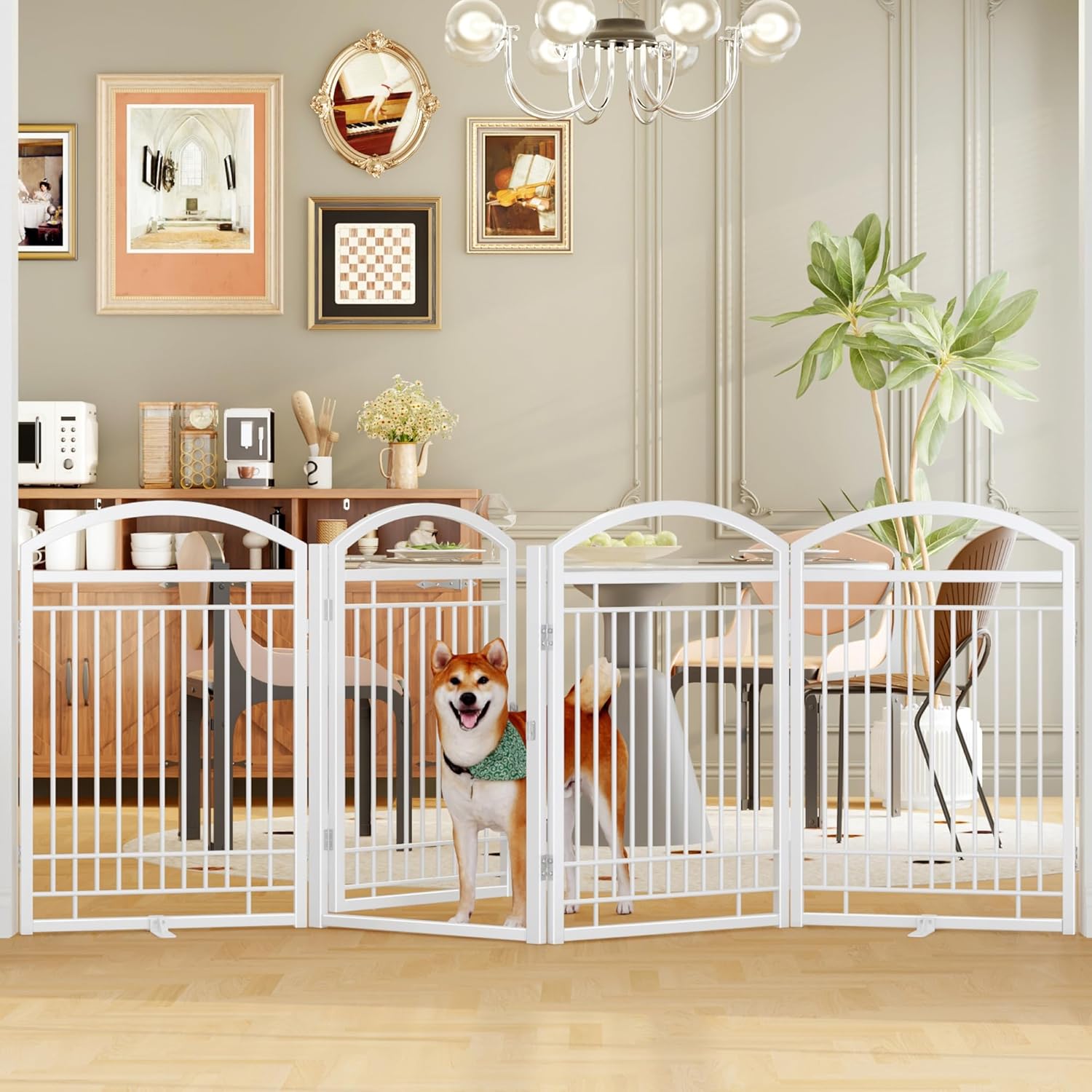 Guaipaipet No-Assembly Folding Metal Pet Gate, 6-Panel 144" Extra Wide Accordion Fence with Walk-Through Door, 32" H (Black)