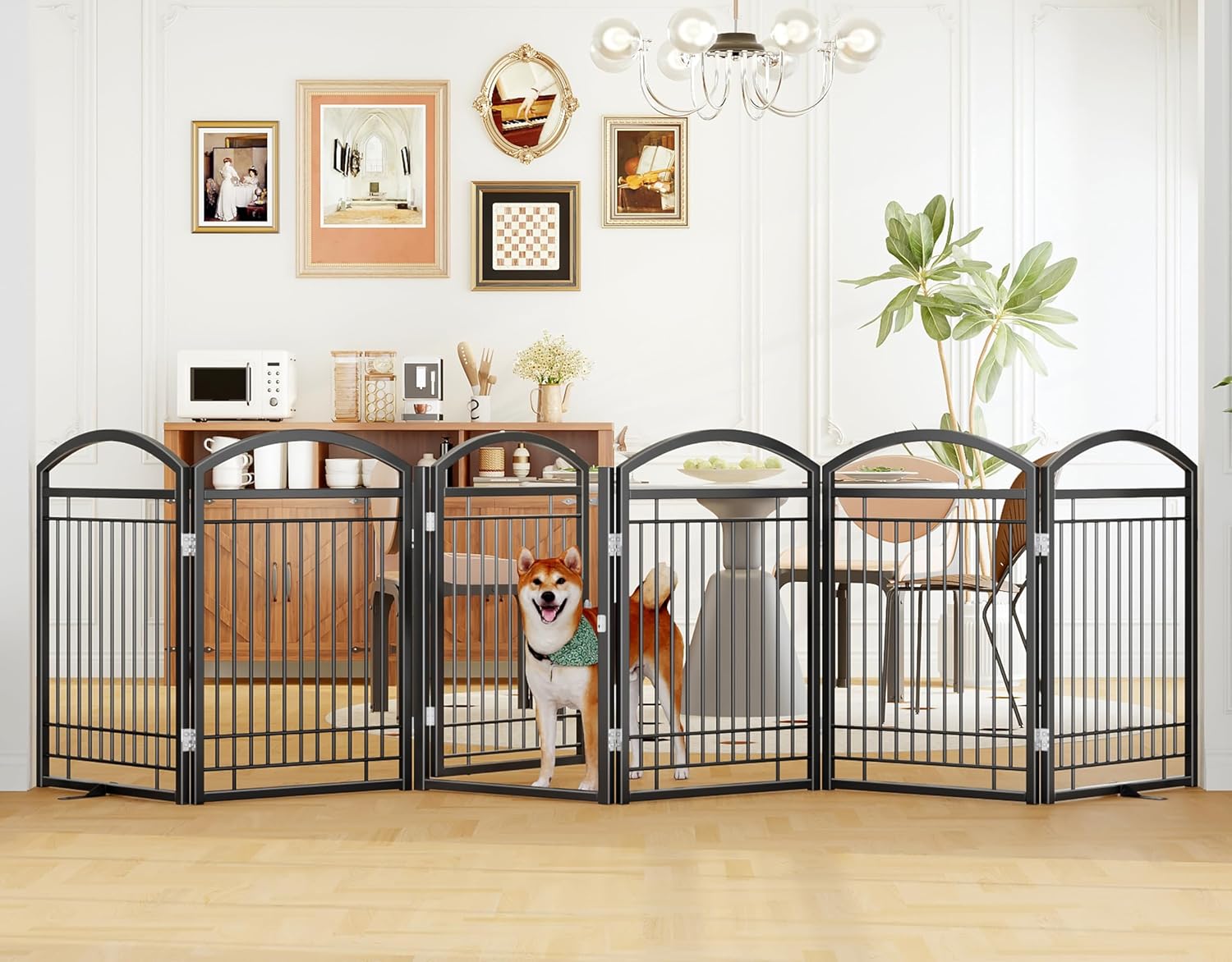 Guaipaipet No-Assembly Folding Metal Pet Gate, 6-Panel 144" Extra Wide Accordion Fence with Walk-Through Door, 32" H (Black)
