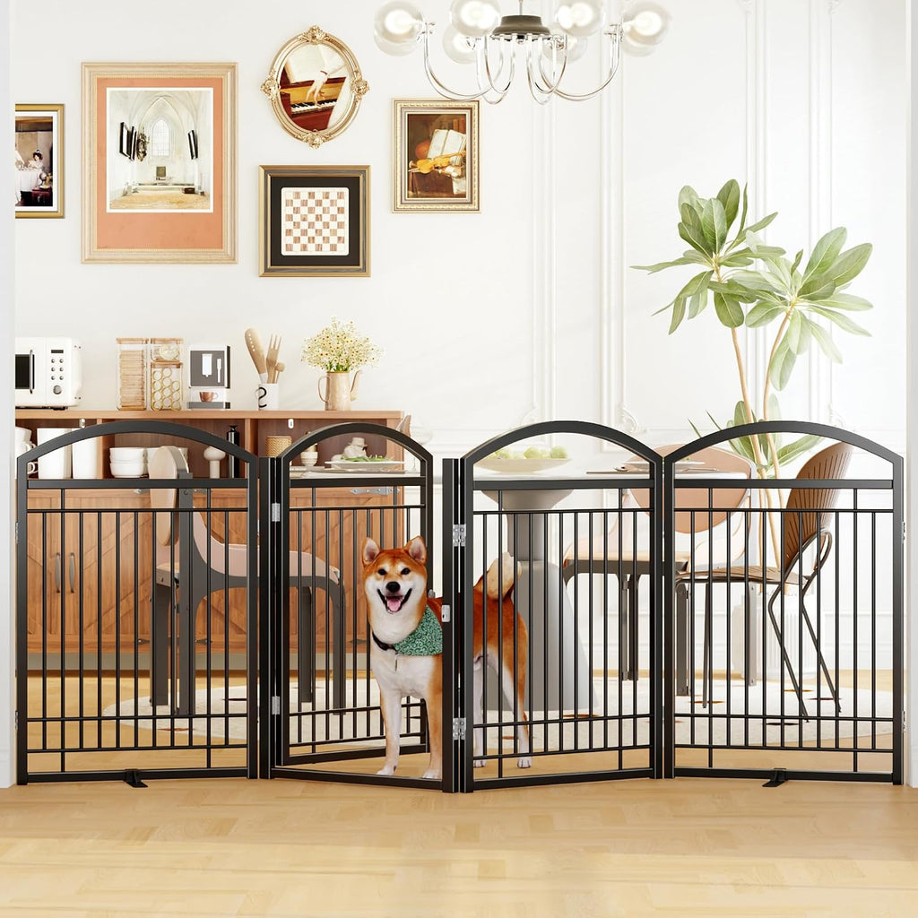 Guaipaipet No-Assembly Folding Metal Pet Gate, 6-Panel 144" Extra Wide Accordion Fence with Walk-Through Door, 32" H (Black)