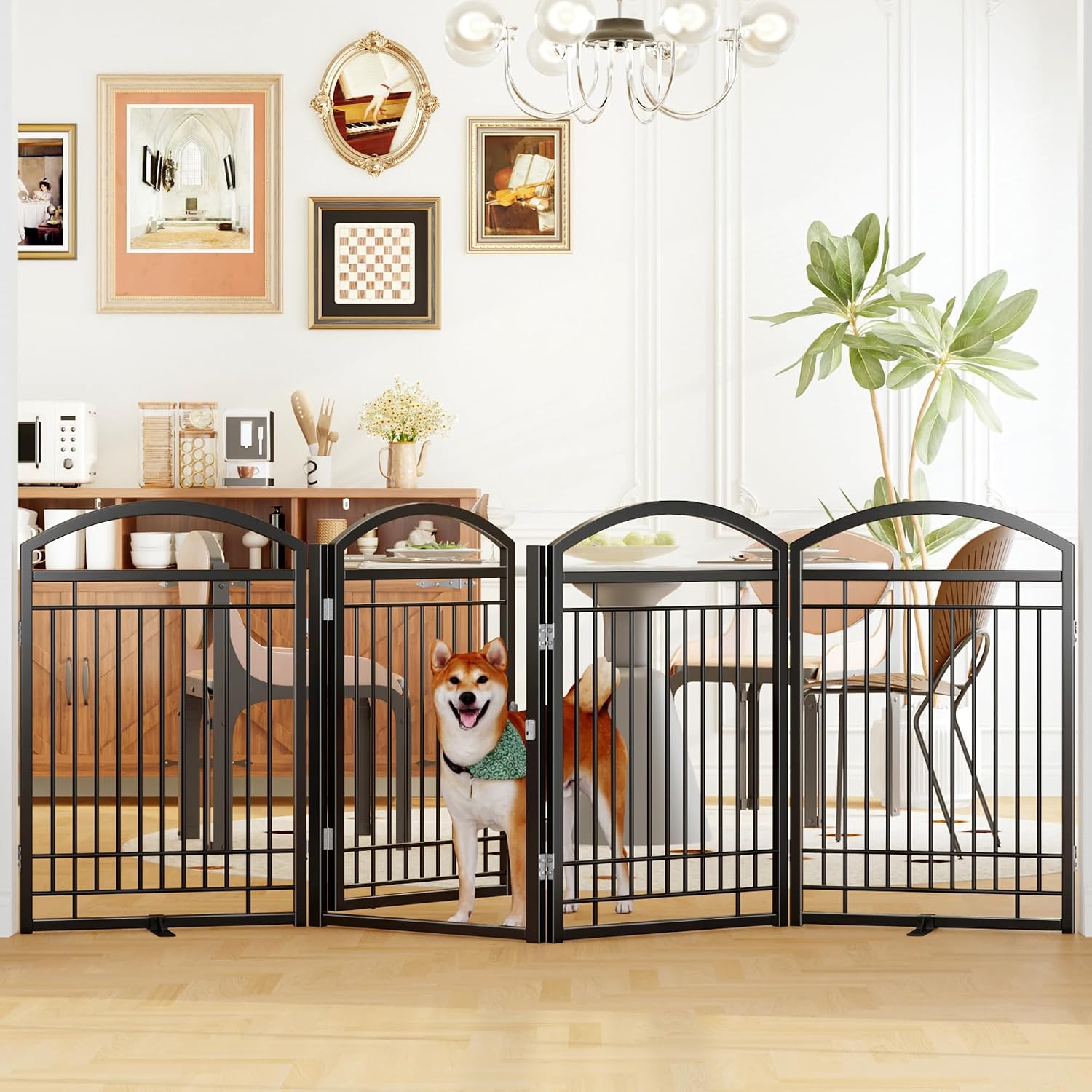 Guaipaipet No-Assembly Folding Metal Pet Gate, 6-Panel 144" Extra Wide Accordion Fence with Walk-Through Door, 32" H (Black)