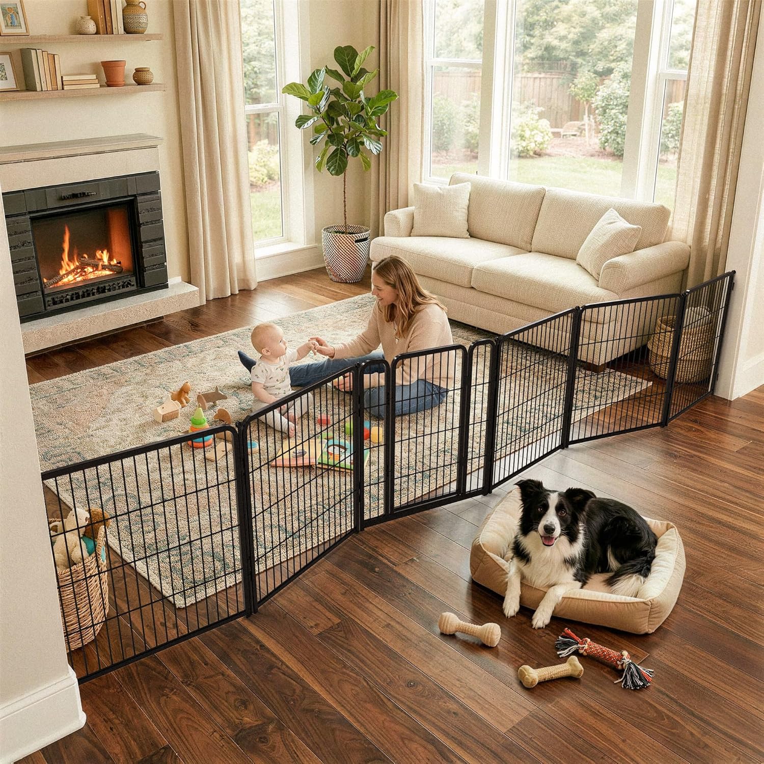 Guaipaipet Extra-Wide Adjustable Pet Gate, Up to 83" Wide 3-Wire Panels 32" H for Small & Medium Dogs (Black)