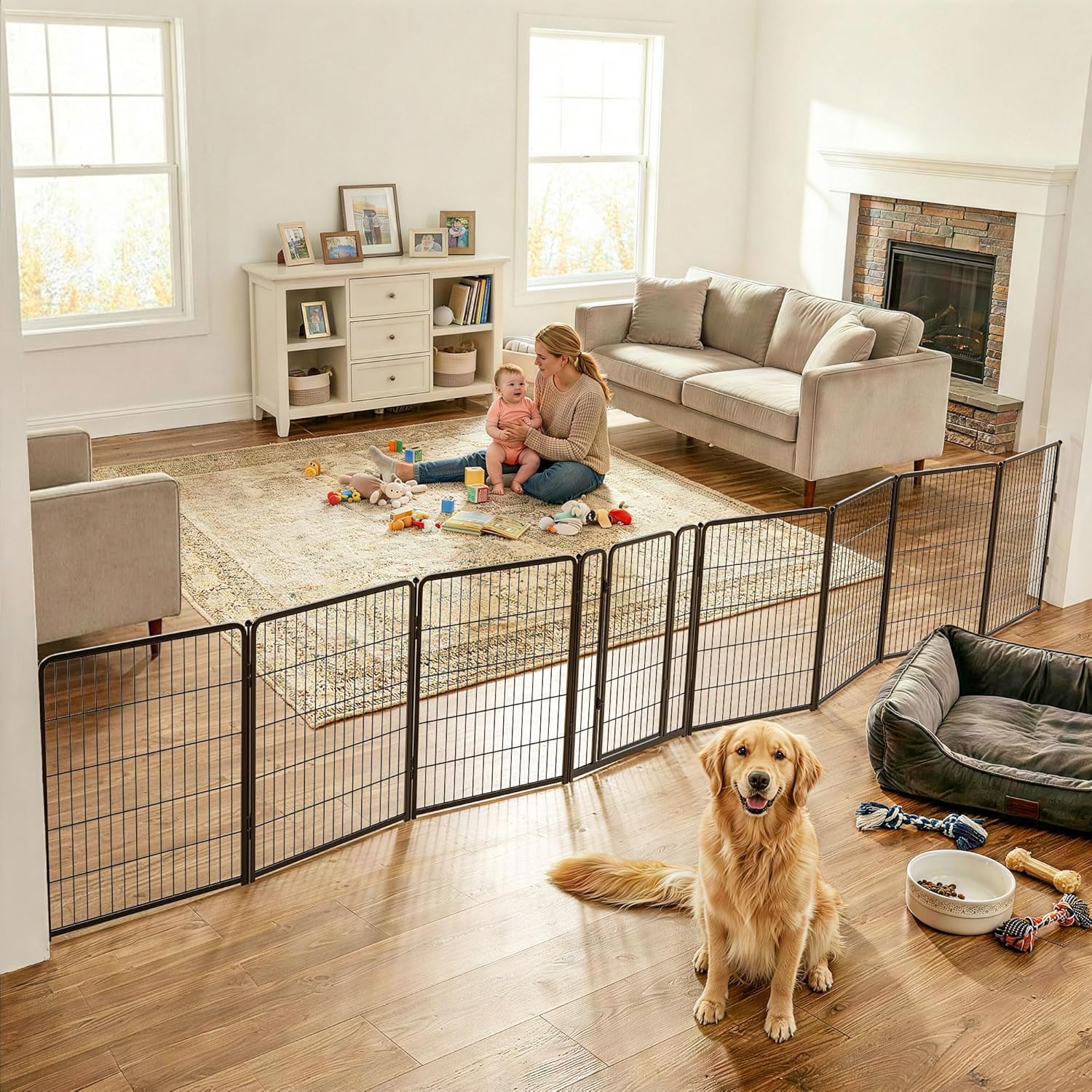 Guaipaipet Extra-Wide Adjustable Pet Gate, Up to 83" Wide 3-Wire Panels 32" H for Small & Medium Dogs (Black)
