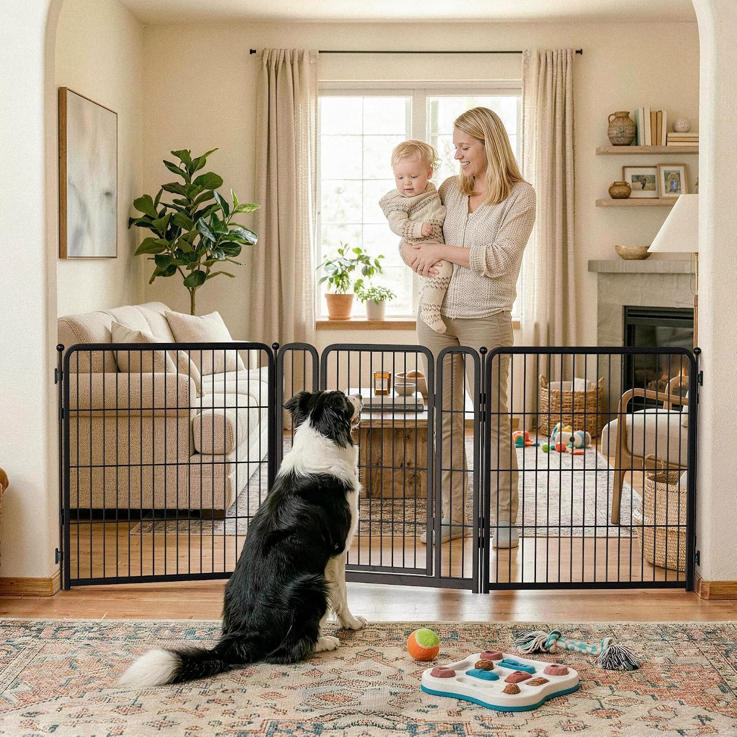 Guaipaipet Extra-Wide Adjustable Pet Gate, Up to 83" Wide 3-Wire Panels 32" H for Small & Medium Dogs (Black)
