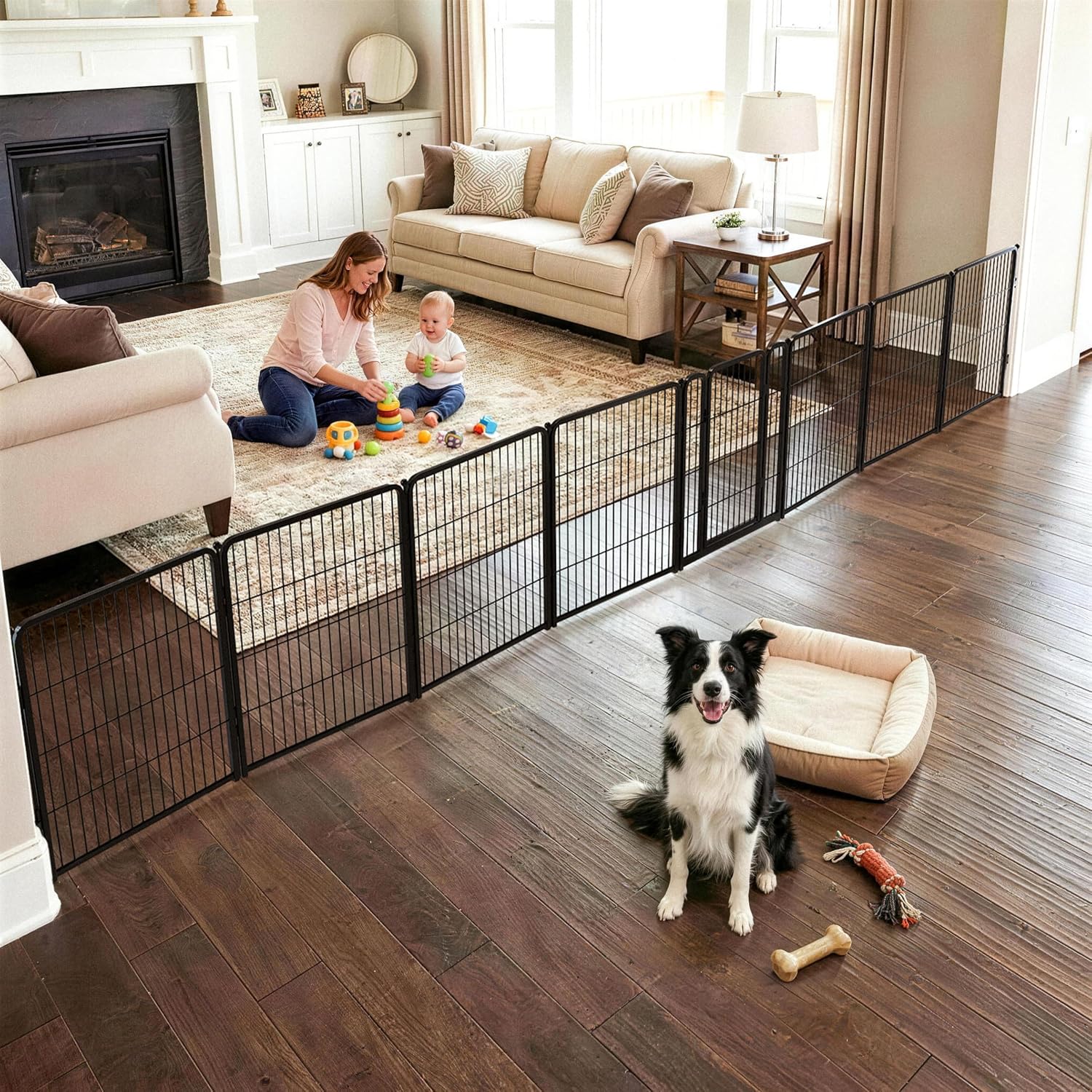 Guaipaipet Extra-Wide Adjustable Pet Gate, Up to 83" Wide 3-Wire Panels 32" H for Small & Medium Dogs (Black)