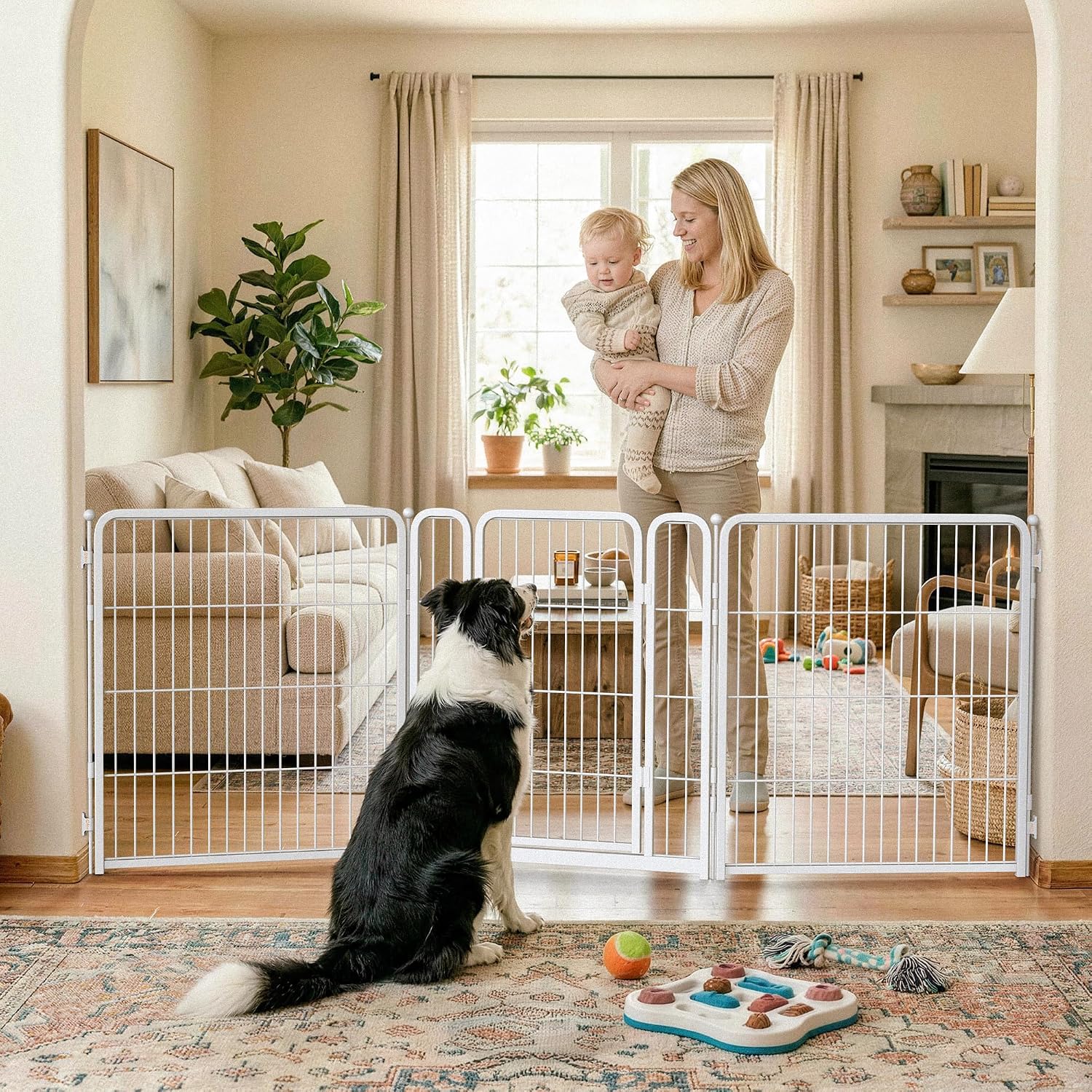 Guaipaipet Extra-Wide Adjustable Pet Gate, Up to 83" Wide 3-Wire Panels 32" H for Small & Medium Dogs (Black)