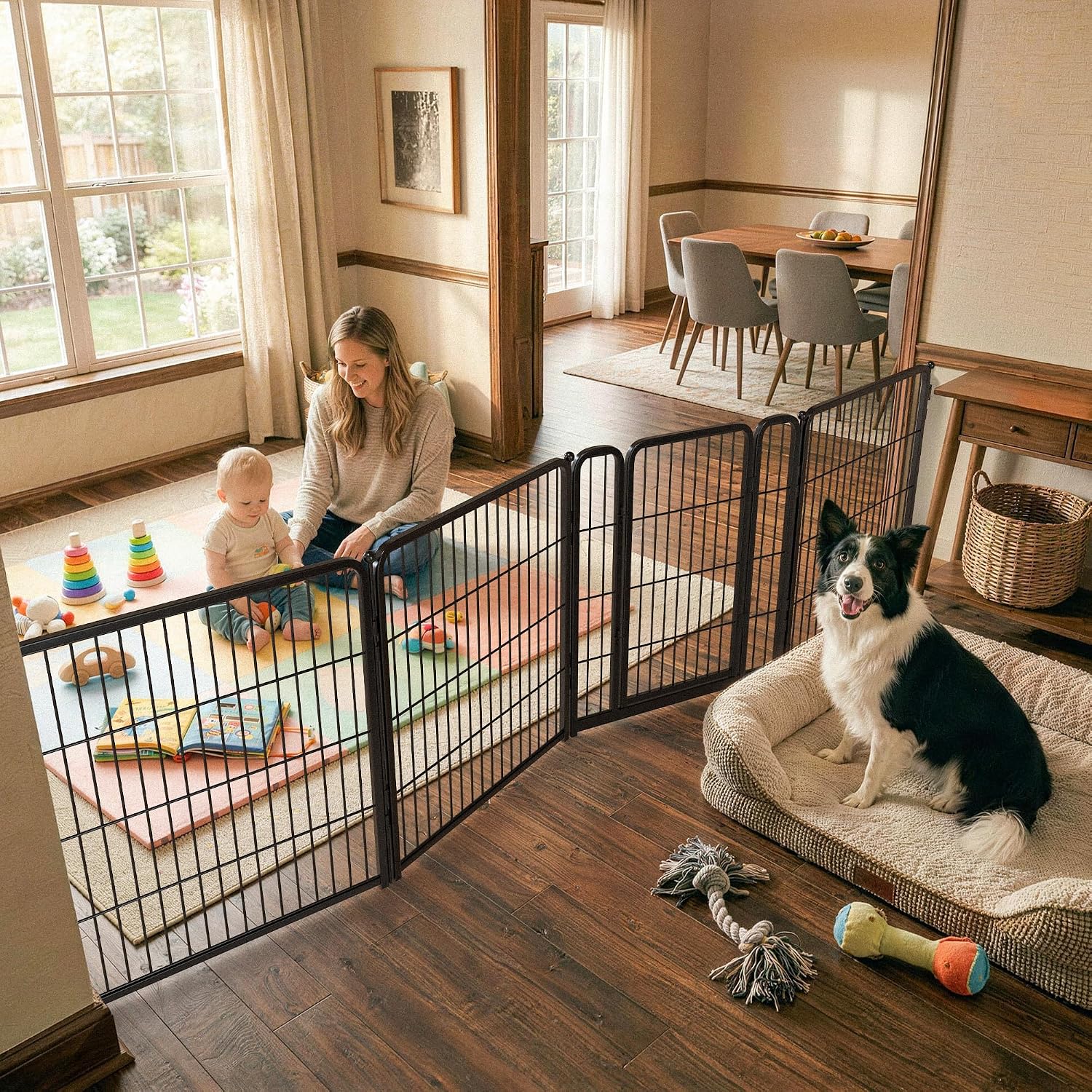Guaipaipet Extra-Wide Adjustable Pet Gate, Up to 83" Wide 3-Wire Panels 32" H for Small & Medium Dogs (Black)