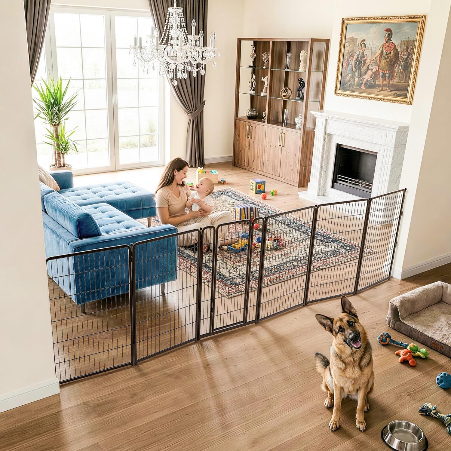 Guaipaipet Extra-Wide Adjustable Pet Gate, Up to 83" Wide 3-Wire Panels 32" H for Small & Medium Dogs (Black)