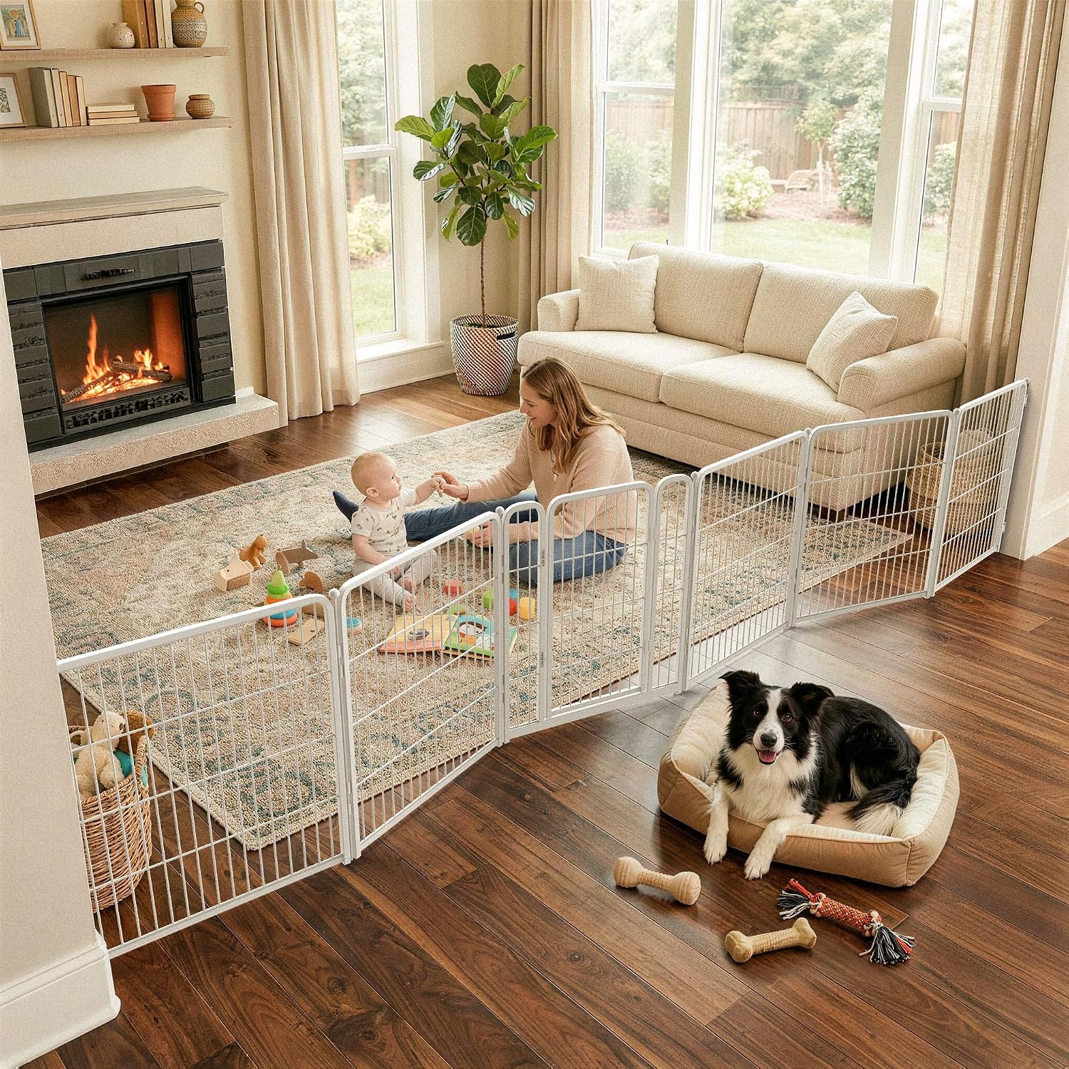 Guaipaipet Extra-Wide Adjustable Pet Gate, Up to 83" Wide 3-Wire Panels 32" H for Small & Medium Dogs (Black)